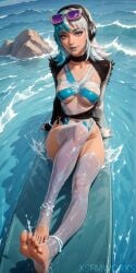 ai_generated arm_support bangs barefoot bikini black_choker blue_hair breasts choker crossed_legs day feet female full_body grey_hair lips long_hair looking_at_viewer luna_snow luna_snow_(marvel_rivals) marvel medium_breasts medium_hair multicolored_hair nail_polish navel ocean outdoors parted_lips see-through sitting sky smile soles solo swimsuit thighhighs toeless_legwear toenail_polish toes two-tone_hair water wet wet_clothes white_legwear xsfmworks