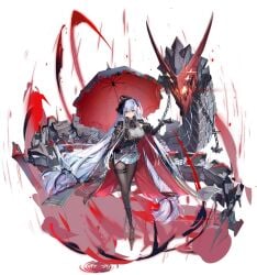 absurdly_long_hair azur_lane black_cape black_footwear black_gloves black_headwear black_pantyhose blue_eyes boots breasts cape cg elbing_(azur_lane) epaulettes female full_body gloves hat heterochromia high_heels holding holding_umbrella horns iron_cross large_breasts long_hair long_sleeves looking_at_viewer miniskirt non-humanoid_robot official_art pantyhose pleated_skirt red_eyes red_umbrella rigging robot skirt solo standing thigh_strap twintails umbrella very_long_hair white_hair white_skirt