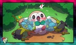 argon_vile arthropod avian balls black_balls black_body black_countershading black_legs black_penis black_sclera blush bodily_fluids border bow_tie cel_shading countershading cum cum_drip cum_from_mouth cum_in_mouth cum_in_water cum_inside cum_string cumshot dewpider dirt dripping ejaculation elemental_creature exclamation_point featureless_feet feet feral flora_fauna generation_7_pokemon genital_fluids genitals grass green_body group hi_res interspecies kissing kneeling lying male male/male nintendo on_front on_ground open_mouth open_smile orange_feet orange_legs orgasm penis penis_kissing pink_penis pink_tongue plant pokemon pokemon_(species) precum precum_drip puckered_lips pupils reclining rowlet saliva saliva_on_penis shaded shrub smile surprised sweat sweatdrop talons tan_body tapering_penis text toes tongue trio url watermark white_balls white_body white_countershading white_pupils winged_arms wings