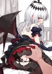 1boy absurdres after_sex after_vaginal bar_censor bare_shoulders bat_wings bed_sheet black_bow black_dress black_gloves black_panties black_pantyhose blush bow breasts censored commission cum cum_in_pussy cumdrip curtains demon_girl dress female fishnet_pantyhose fishnets flower frilled_dress frills gloves grabbing_another's_ass groping hair_ornament highres kusugi_tai long_hair looking_at_viewer looking_back mare_(ac8231) oerba_yun_fang on_bed original panties pantyhose psd_available red_eyes red_flower red_rose rose skeb_commission solo_focus sweat torn_clothes torn_pantyhose underwear white_hair wings