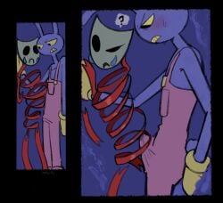 blush boner bunny_ears cartoony confused_look confusion cute drama_mask gangle_(the_amazing_digital_circus) jax_(the_amazing_digital_circus) purple_body red_body ribbon ribbons stuck stuck_in_wall the_amazing_digital_circus