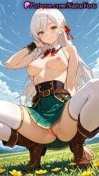 1girls 2025 ai_generated bangs bare_shoulders belt boots braid breasts brown_footwear closed_mouth cloud eiyuu-ou_bu_wo_kiwameru_tame_tensei_su_~soshite_sekai_saikyou_no_minarai_kishi~ flower hair_ribbon hi_res highres inglis_eucus long_hair looking_at_viewer medium_breasts natsuyoru nipples no_panties outdoors patreon pleated_skirt pussy red_ribbon ribbon skirt sky sleeveless_shirt smile solo spread_legs squatting thighhighs uncensored vagina voluptuous voluptuous_female white_hair white_shirt white_thighhighs
