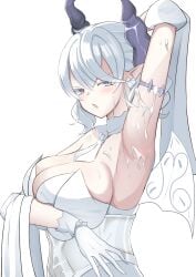 absurdres alternate_version_available arm_up armlet armpit_focus armpits blush breasts cleavage closed_mouth collarbone cum cum_on_armpits cum_on_body demon demon_girl demon_horns demon_wings detached_collar dress drill_hair duel_monster earrings female fetish fuheho0706 full_body grey_eyes hair_between_eyes heart heart_earrings highres horns jewelry labrynth_of_the_silver_castle large_breasts looking_at_viewer lovely_labrynth_of_the_silver_castle one_arm_up pointy_ears presenting_armpit short_hair sideboob simple_background smile solo spiked_armlet sweat sweaty_armpits transparent_wings twin_drills white_background white_dress white_hair wings yu-gi-oh!