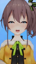 3d animated bangs blue_eyes blush brown_hair cat clothing cum cumshot futanari gif hololive implied_futa implied_futanari looking_at_viewer meme natsuiro_matsuri not4nugget ponytail pov ribbon shitpost side_ponytail smile upper_body