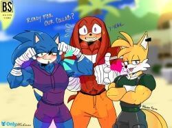 5_fingers anthro arm_wraps armpit_hair bacon_sama blush body_hair bulge canid canine chin_tuft confident crossed_arms detailed_bulge ear_piercing ear_ring echidna eulipotyphlan facial_tuft fingers flexing fox gesture group hand_gesture heart_symbol hedgehog hi_res imminent_sex knuckles_the_echidna male mammal monotreme muscular muscular_male musk musk_clouds musky_armpit nervous nervous_smile piercing pubes ring_piercing sega size_difference sonic_the_hedgehog sonic_the_hedgehog_(series) sportswear tails text thumbs_up tongue tongue_out trio tuft wraps