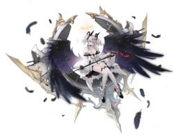 azur_lane belt black_background black_feathers black_footwear black_gloves black_wings boots breasts cg cleavage crown dress feathered_wings feathers female full_body gloves grey_hair hair_between_eyes halo high_heels holding holding_sword holding_weapon joffre_(azur_lane) large_breasts long_hair long_sleeves looking_at_viewer multiple_wings official_art puffy_sleeves red_eyes simple_background solo sword thighhighs twintails weapon white_dress white_hair white_thighhighs wide_sleeves wings