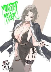 1girls 2025 absurd_res artist_name artist_request bracelet breasts cleavage dress female_only goddess_of_victory:_nikke huge_breasts jacket jacket_on_shoulders jewelry light-skinned_female light_skin long_hair looking_at_viewer mole mole_on_breast mole_under_mouth mrs._miss_(nikke) necklace open_mouth painted_nails ring simple_background sunglasses sunglasses_removed thighs tobacco torn_legwear