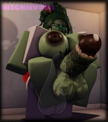 2futas 3d artist_name balls big_balls blush brown_nipples carry_fuck carrying carrying_another carrying_partner carrying_person dark_green_hair delightfullymischievous food futa_on_futa futa_only futanari green_blush green_hair green_skin intersex looking_down massive_cock pear penis red_hair roblox robloxian self_upload smegma watermark white_balls white_skin