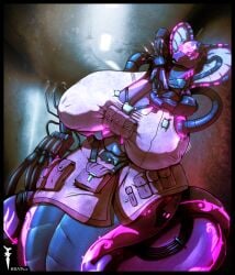 apode big_breasts breasts clothing cybernetics dnp101 draconcopode female hi_res huge_breasts hyper hyper_breasts legless machine markings naga purple_body reptile scalie serpentine snake