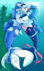 anthro breasts duo eeveelution female fin frill_(anatomy) generation_1_pokemon generation_7_pokemon genitals gynomorph hybrid intersex intersex/female kissing medium_breasts mermaid_tail mermaidnerin nintendo nipples penis pokemon pokemon_(species) primarina underwater vaporeon water