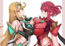 2girls blush blushing_at_viewer breast_window breasts core_crystal docking female hourglass_figure large_breasts looking_at_viewer mythra mythra_(xenoblade) oniisan02b pyra pyra_(xenoblade) red_eyes red_hair shiorino_mani_(artist) symmetrical_docking xenoblade_(series) xenoblade_chronicles_2 yellow_eyes yellow_hair yotsuhauni