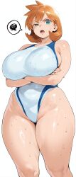 ai_generated alternative_bust_size annoyed aqua_eyes arms_under_breasts bare_shoulders blush bodily_fluids breast_hold breasts clothing competition_swimsuit covered_navel crossed_arms curvaceous eyebrows female female female_only green_eyes groin half-closed_eye highleg highleg_swimsuit huge_breasts inner_thighs kasumi_(pokemon) kasumi_(pokemon) large_breasts looking_at_viewer medium_hair misty_(pokemon_hgss) navel one-piece_swimsuit open_mouth orange_hair plump pokemon pokemon_character raised_eyebrow shiny_skin short_hair sideboob skindentation solo spoken_squiggle squiggle standing sweat swimsuit tank_suit teeth thick_thighs thighs tight_swimsuit uneven_eyes upper_teeth upper_teeth_only v-shaped_eyebrows wet wet_clothes wet_swimsuit white_one-piece_swimsuit white_swimsuit wide_hips