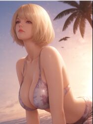 1girls 3d ai_generated ashley_graham beach big_breasts bikini blonde_hair blue_eyes breasts chanquazz female female_only highres huge_breasts island light-skinned_female light_skin lips looking_away purple_bikini quality red_lips resident_evil resident_evil_4 resident_evil_4_remake sea short_hair solo solo_female sunset yellow_hair