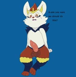 abyss_arts animal_genitalia anthro balls blush bodily_fluids cel_shading cinderace clothing dialogue english_text erection fur generation_8_pokemon genitals hi_res lagomorph leporid looking_at_viewer male mammal multicolored_body nervous nintendo paws penis pokemon pokemon_(species) rabbit red_body red_fur shaded sheath shy simple_background sitting solo solo_focus sweat sweater text topwear white_body