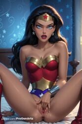 1girls ai_generated anus arm_support artist_name bare_shoulders bed black_hair blue_eyes blush boots bottomless bracer breasts circlet cleavage collarbone dc dc_comics dcau earrings female female_masturbation fingering fingernails hi_res indoors jewelry leotard lips lipstick long_hair looking_at_viewer makeup masturbation medium_breasts on_bed parted_lips patreon_username progenarts pussy pussy_juice red_footwear red_lips sitting solo spread_legs star_(symbol) star_earrings strapless strapless_leotard superhero teeth thighs tiara uncensored watermark web_address wonder_woman wonder_woman_(series)