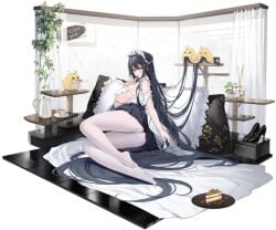 absurdly_long_hair arm_garter ass azur_lane black_footwear black_hair black_skirt breasts brushing_another's_hair brushing_hair cake cake_slice camera cg cup feet female food frilled_pillow frills full_body high_heels holding indomitable_(azur_lane) indomitable_(ms._motivationless_maid)_(azur_lane) indoors large_breasts long_hair looking_at_viewer lying maid maid_headdress miniskirt no_shoes official_alternate_costume official_art on_side pantyhose pillow plant plate pleated_skirt potted_plant shoes skirt solo teacup teapot thighs tray underboob underwear unworn_shoes very_long_hair white_pantyhose