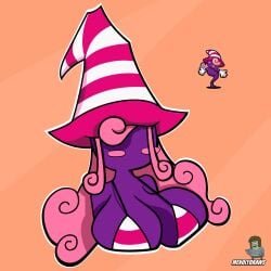 big_breasts bikini breasts bust busty clothing curly_hair female menolydraws muscle_man muscle_man_(regular_show) muscles orange_background paper_mario paper_mario:_the_thousand-year_door pink_hair pink_hat purple_body regular_show striped_hat thick_lineart thick_lines trans_woman transfem vivian_(paper_mario) witch_hat