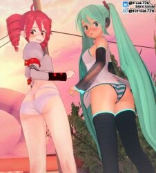 2girls 3d ahoge ass ass_cleavage back back_view blue_eyes blue_hair blush blushing_profusely clothed clothed_female clothing detached_sleeves embarrassed embarrassed_female fefreak726 female female_focus female_only hair_ornament hatsune_miku headgear kasane_teto looking_back low-angle_view outdoors panties petite petite_body petite_female public red_eyes red_hair skirt skirt_removed striped_panties synthesizer_v thighhighs thighs twin_drills twintails upskirt utau vocaloid white_panties