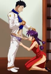 1990s amondetauro asian asian_female blowjob cheongsam chinese chinese_clothes chinese_dress chinese_female cute fellatio glasses grabbing_penis kissing_penis kohran_li nerd nerdy_female oogami_ichirou purple_hair ri_kohran sakura_taisen sakura_wars sega twin_braids video_game_character video_games