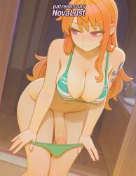 1futa 2025 ai_generated artist_name bikini blush breasts bust chest cleavage cock dick erection eyebrows_visible_through_hair foreskin futanari green_bikini green_panties hi_res high_quality high_resolution highres long_hair nami_(one_piece) newhalf novalust one_piece orange_hair otoko_no_ko panty_pull patreon patreon_username penis purple_eyes solo stable_diffusion swimsuit testicles uncensored uncircumcised watermark