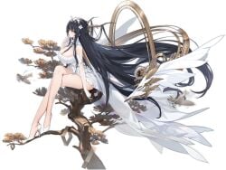 absurdly_long_hair antlers azur_lane bare_legs bare_shoulders between_breasts black_background black_hair branch breasts cg cleavage crossed_legs detached_collar dress female flower full_body gloves hair_between_eyes hair_flower hair_ornament high_heels horns indomitable_(azur_lane) large_breasts legs long_hair looking_at_viewer official_art simple_background sitting smile solo thighs very_long_hair white_dress white_flower white_footwear white_gloves