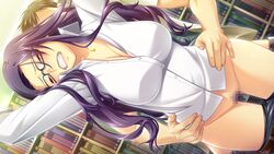 arms_up blush book breasts censored cleavage clenched_teeth closed_eyes female fuji_kasumi fukushuu_no_honoo_wa_ingoku_no_yami_ni_moe game_cg glasses highres kuzu_tatsuki large_breasts legs library long_hair open_mouth panties pants_down panty_pull purple_hair ribahara_aki sex standing thighs underwear vaginal_penetration