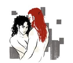 black_hair breasts breasts_out couple curly_hair greek_mythology helen_of_troy hugging hurricanes_art husband_and_wife looking_at_viewer menelaus nipple nude nude_female nude_male nudity peak red_hair romantic romantic_couple trojan_war white_shirt wild_hair