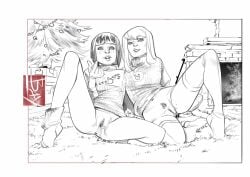 2girls anus arm_support aroused artist_name ass bayushi6 beckoning blunt_bangs blunt_ends bob_cut border bottomless box breasts candy_cane_print carpet christmas christmas_ornaments christmas_sweater christmas_tree clitoral_hood commentary commission embroidery english_commentary eyelashes female_pubic_hair fire fireplace freckles full_body garland_(decoration) gift gift_box greyscale groin heel_up index_finger_raised kasia_mikolajczyk_(silverfox442) knee_up leaning_back lips long_hair long_sleeves loose_socks medium_breasts monochrome multiple_girls naughty_face original parted_lips presenting_pussy pubic_hair pussy pussy_juice raised_eyebrow reindeer_print ribbed_sweater second-party_source short_hair side-by-side signature small_breasts socks spread_legs sweater swept_bangs teasing terry_silverton thighhighs tongue tongue_out turtleneck turtleneck_sweater white_border wide_spread_legs winter