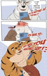 2023 4_fingers abs angry anthro areola arm_markings balls bara belly biceps big_balls big_penis biped black_eyebrows black_eyes black_nose black_stripes blood bodily_fluids bottomless bottomwear brown_claws canid canine canis cellphone chest_tuft claw_marks claws clothed clothing colored comic credits deltoids digital_media_(artwork) domestic_dog dressing duo ears_back electronics embarrassed erection eyebrows felid finger_claws fingers forearm_muscles foreskin fully_clothed fur genitals glans hi_res holding_object holding_phone humanoid_genitalia humanoid_penis interrobang leg_markings male mammal markings mostly_nude mouth_closed multicolored_claws multiple_scenes musclegut muscles muscular muscular_anthro muscular_male neck_tuft nipples nosebleed nude nude_anthro nude_male obliques one_ear_up open_mouth open_smile orange_body orange_claws orange_fur overweight pantherine partially_clothed patreon patreon_logo patreon_username paws pecs penile penis phone pivoted_ears quads raised_eyebrows rosy_cheeks sequence shy signature smartphone smile speech_bubble standing stocky striped_body striped_fur striped_markings stripes teasing teeth teeth_showing text tiger toony topless triceps tuft twitter twitter_logo uncircumcised vein veiny_penis vitashi white_body white_fur yaoi