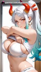 1girls 2025 ai_assisted ai_generated anime armpits artist_name bare_shoulders big_breasts big_breasts big_breasts big_chest blush breast breasts breasts breasts bust busty chest cleavage clothes_lift earrings explicit eyebrows_visible_through_hair female hair_ornament hi_res high_quality high_resolution highres horns jewelry large_breasts lifted_by_self locker long_hair looking_at_viewer multicolored_hair navel one_piece patreon patreon_username ponytail red_horns shirt_lift silver_hair skypassion solo stable_diffusion stomach sweat tank_top underwear watermark white_bra yamato_(one_piece)