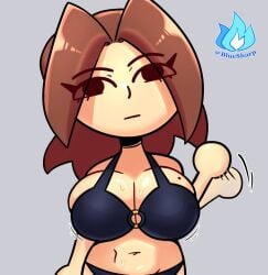 1girls big_breasts bikini black_bikini bluesharp brown_hair circle_hands clothed color female female_only fully_clothed grey_background light-skinned_female light_skin looking_at_viewer mii mii_gunner mii_gunner_(smash_4) mob_face mole_on_breast motion_lines nintendo no_sex shaded shiny_skin simple_background skindentation solid_color_background super_smash_bros. super_smash_bros._for_nintendo_3ds_and_wii_u sweat sweating sweaty_breasts watermark waving_at_viewer