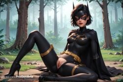 1girls ai_generated arm_support artist_name batgirl batgirl_(cassandra_cain) batman_(series) belt black_bodysuit black_cape black_gloves black_hair bodysuit boots breasts cape cassandra_cain day dc dc_comics domino_mask female forest full_body gloves grass hi_res high_heel_boots high_heels knee_up lips mask medium_breasts nature on_ground outdoors patreon_username progenarts pussy red_lips rock short_hair sitting skin_tight smile solo spread_legs superhero torn_clothes tree uncensored utility_belt