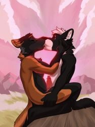 absurd_res anthro bdwolf canid canine canis closed_eyes duo fluffy fox french_kissing furniture hi_res holding_head holding_leg holidays kissing male male/male mammal nude on_lap on_table penetration penis_against_chest rizzarts scar sex table tail tongue valentine's_day valentine's_day_card wolf
