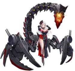 azur_lane bare_shoulders black_background black_dress black_gloves black_headwear breasts cg cleavage dress elbow_gloves female fishnet_thighhighs fishnets full_body gloves halterneck hat large_breasts long_hair looking_at_viewer official_art red_eyes rigging side_slit simple_background skindentation smile solo standing thighhighs thighs white_hair white_thighhighs yorck_(azur_lane)