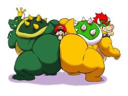 3boys anthro anthro_on_anthro anthro_on_human ass big_ass blue_eyes bowser collar crown dumptruck_ass enormous_ass evil_grin fat_ass furry furry_male gay gigantic_ass green_skin grin hat huge_ass human human_on_anthro king king_koopa koopa large_ass light-skinned_male light_skin looking_at_another looking_back looking_back_at_another male male/male mammal mario mario_(series) massive_ass mature mature_anthro mature_male nabb-kun nintendo obese obese_anthro obese_male overweight overweight_anthro overweight_male red_hair red_hat reptile royalty scalie shell smiling spiked_shell spikes tail the_super_mario_bros._super_show! thick_ass white_background yellow_skin