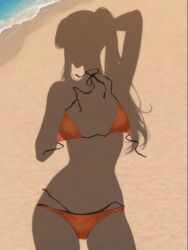 1girls ai_generated beach bikini chainsaw_man chanquazz female female_only hair_ornament hand_up makima_(chainsaw_man) orange_bikini pov shadow solo thick_thighs