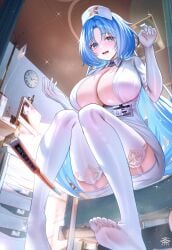 alsace_(azur_lane) azur_lane blue_eyes blue_hair blush breasts ceiling cg cleavage clock dress elbow_gloves feet female from_below garter_straps gloves halo hands_up hat huge_breasts id_card indoors knees_together_feet_apart large_breasts legs long_hair looking_at_viewer no_shoes nurse_cap official_alternate_costume open_mouth parted_bangs short_sleeves sitting soles solo thighhighs toes very_long_hair white_dress white_garter_straps white_gloves white_headwear white_thighhighs