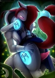 2025 absurd_res accessory animal_genitalia animal_penis anthro ass blush bodily_fluids canid canine clothed clothing drakis_(protogen_zoroark) duo erection generation_5_pokemon genital_fluids genitals hand_on_butt headband hi_res hybrid looking_pleasured machine male male/male mammal nintendo partially_clothed penis pokemon pokemon_(species) precum protogen reptile scalie sex snake standing standing_sex tapering_penis thick_thighs thigh_sex visionaryserpent zoroark