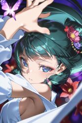 1girls ai_generated armpit armpits beautiful blue_eyes butterfly clothed clothing dance dancer dancer_outfit dancing dancing_girl female flower flower_in_hair flowers green_hair hand kusuriya_no_hitorigoto maomao_(kusuriya_no_hitorigoto) randomand self_upload sideboob sideboob_cutout white_clothing