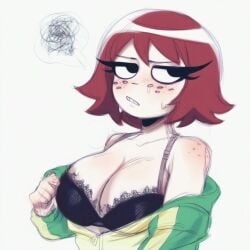 1girls big_breasts blush bob_cut boobs_out bra female female_only freckles kim_pine light-skinned_female light_skin scott_pilgrim short_hair sketch solo teeth_clenched