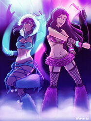 2girls asami_sato avatar_the_last_airbender black_hair blue_eyes bra bracelet brown_hair canon_couple cleavage clothing dark-skinned_female dark_skin eyeshadow female female_only fishnet fishnet_stockings garter_straps gloves glow_sticks glowstick green_eyes hood hourglass_figure human k-y-h-u korra leg_warmers lesbian lipstick long_hair makeup medium_breasts midriff navel navel_piercing piercing rave shorts skirt smile standing stockings the_legend_of_korra thighhighs