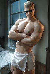 1boy 1male albert_wesker arms_crossed bara bath_towel big_nipples big_pecs blonde_hair daddy dbd dead_by_daylight erect_nipples gay glasses half-dressed half_naked male male_focus male_only muscles muscular muscular_male nipples pecs resident_evil resident_evil_4_remake resident_evil_5 solo solo_focus solo_male towel towel_only