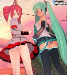 2girls 3d ahoge ass back back_view blue_eyes blue_hair blush blush blushing_profusely clothed clothed_female clothing detached_sleeves embarrassed embarrassed_female fefreak726 female female_focus female_only hair_ornament hatsune_miku headgear kasane_teto looking_back low-angle_view outdoors panties petite petite_body petite_female public red_eyes red_hair skirt striped_panties synthesizer_v thighhighs thighs twin_drills twintails upskirt utau vocaloid white_panties