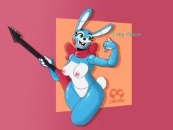 animatronic anthro areola big_breasts black_nose blue_body breasts buckteeth cotton_tail eyelashes female five_nights_at_freddy's five_nights_at_freddy's_2 front_view genitals green_eyes guitar hi_res holding_guitar holding_musical_instrument holding_object lagomorph leporid machine mammal musical_instrument nipples nude open_mouth open_smile orange_background pink_areola pink_background pink_nipples plucked_string_instrument rabbit red_bow robot rosy_cheeks rule_63 scottgames simple_background smile solo string_instrument teeth text thick_thighs toy_bonnie_(fnaf) vulva white_body wide_hips zhenai