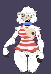absurd_res animatronic anthro areola arm_tuft big_breasts black_nose bovid breasts brown_areola brown_nipples caprine clothed clothing collar dress eyelashes female front_view fur genitals hi_res looking_at_viewer machine mammal nipple_outline nipples no_underwear one_breast_out pattern_clothing pattern_dress purple_background red_clothing red_dress robot sha_(twf) sheep shoulder_tuft simple_background smile solo striped_clothing striped_dress stripes tan_body tan_fur the_walten_files thick_thighs thigh_gap tuft vulva white_body white_clothing white_dress white_fur wide_hips yellow_eyes zhenai