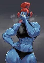 2025 5_fingers anthro artist_name big_breasts big_muscles big_thighs blindfold blue_body blue_scales bodily_fluids breasts clothed clothing deltarune female female_anthro fins fish gills hi_res humanoid looking_at_viewer muscular muscular_female nails nails_painted panties pose pubic_hair red_hair red_nails scar smile solo solo_female steam steamy_breath sweat sweatdrop sweating thedarkzircon thick_thighs thighs topwear undertale undertale_(series) underwear undyne yellow_eyes