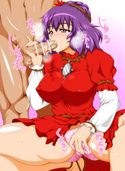 blush censored clothing cum cum_in_mouth dress erect_nipples erect_nipples_under_clothes erection fellatio female fingering fingering_through_panties jyouden kanako_yasaka oral panties penis short_hair squatting straight touhou underwear