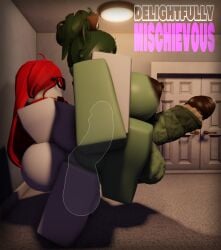 2futas 3d artist_name balls big_balls blush brown_nipples carry_fuck carrying carrying_another carrying_partner carrying_person dark_green_hair delightfullymischievous food futa_on_futa futa_only futanari green_blush green_hair green_skin intersex looking_down massive_cock pear penis red_hair roblox robloxian self_upload side side_angle side_view smegma watermark white_balls white_skin