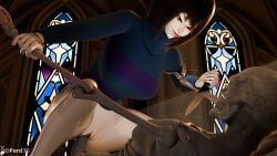 1boy 1boy1girl 1girls 3d 3d_(artwork) brown_hair ferd3d fight frisk frisk_(undertale) knife licking_lips penis penis_in_pussy red_eyes riding riding_penis sans sans_(undertale) skeleton sweater undertale undertale_(series)