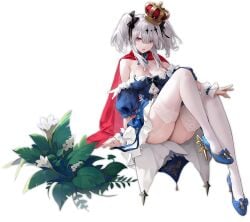 ass azur_lane bare_shoulders blue_dress blue_footwear bow breasts cape cg cleavage crown detached_sleeves dress female flower full_body garter_straps grey_hair hair_between_eyes hair_ribbon hairbow high_heels joffre_(azur_lane) joffre_(ensorcelled_snow_white)_(azur_lane) large_breasts long_hair looking_at_viewer mini_crown official_art puffy_short_sleeves puffy_sleeves red_cape red_eyes short_sleeves sidelocks sitting solo thighhighs thighs twintails white_flower white_garter_straps white_thighhighs wrist_cuffs